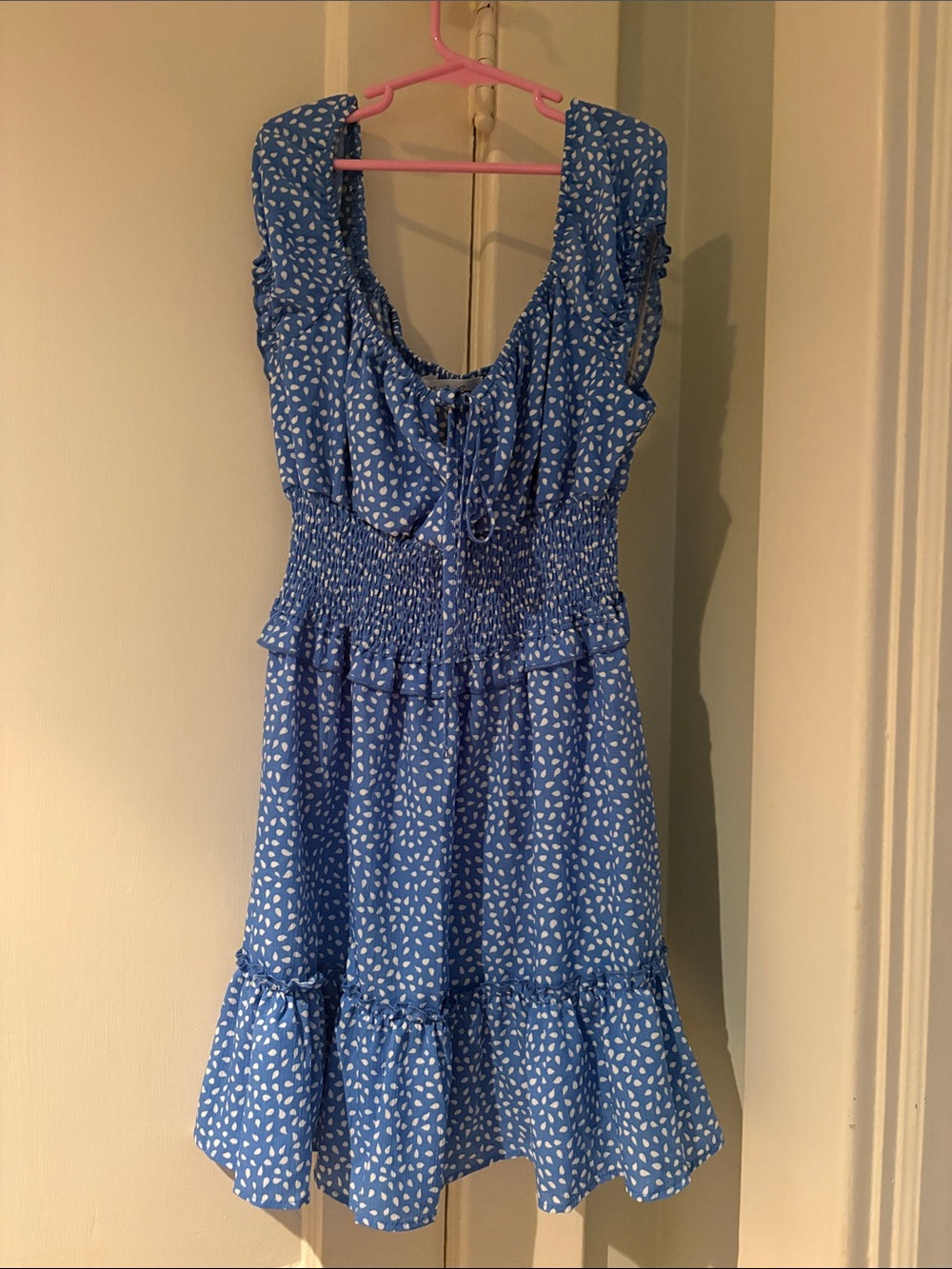 Blue Printed Smocked Casual Dress with Ruffle Hem